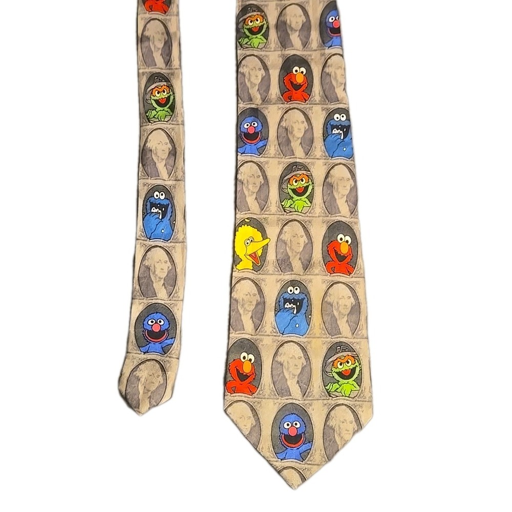 Vintage Sesame Street Dollar Bill Silk Tie Elmo Cookie Monster Novelty Money 90s
